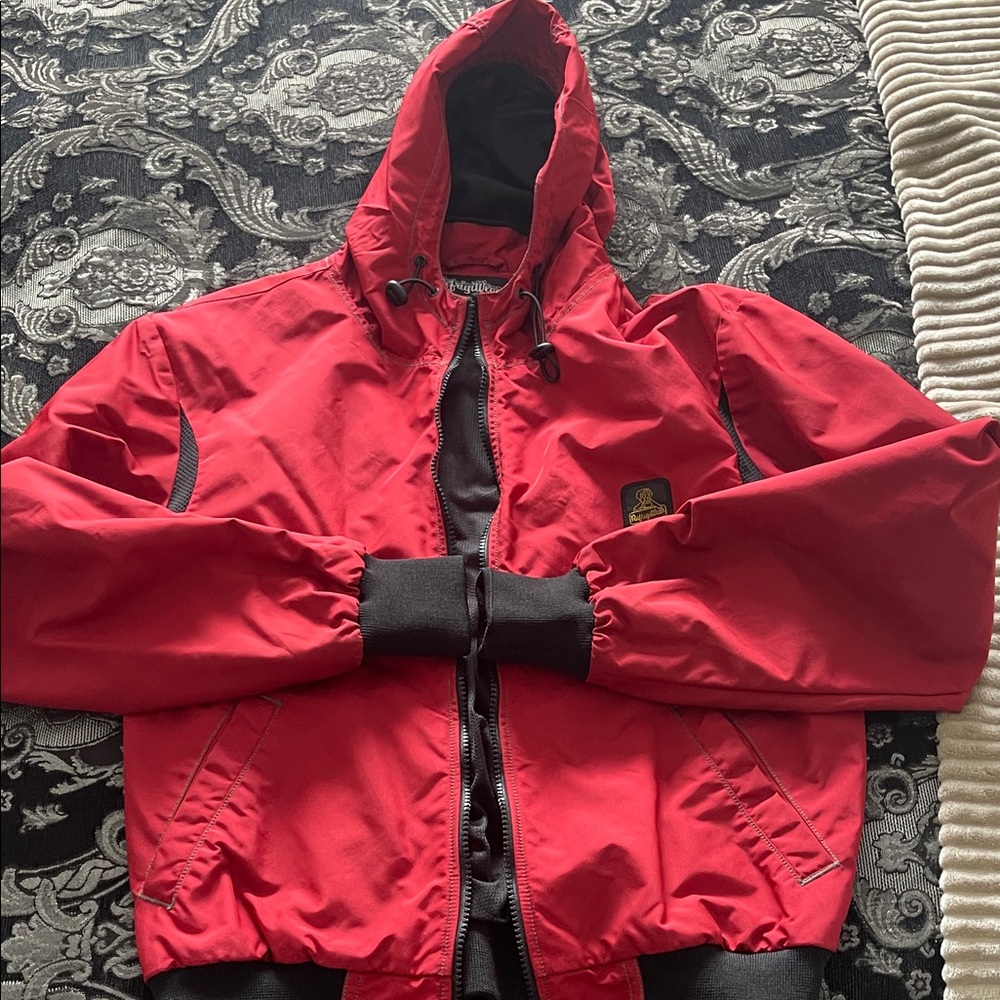 Red Hooded Bomber Jacket with Ribbed Trim - Unbranded